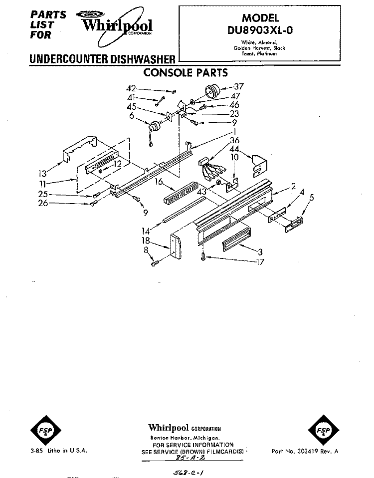CONSOLE Diagram and Parts List for DU8903XL0  Whirlpool Dishwasher