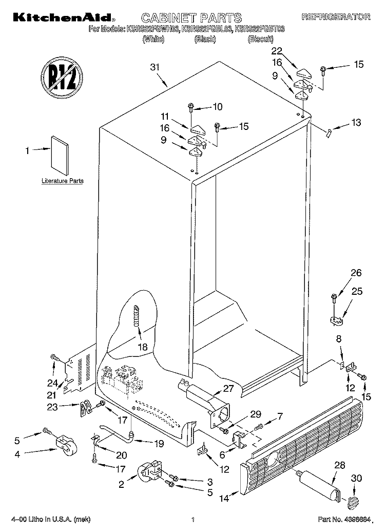 CABINET, LITERATURE Diagram and Parts List for KSRS22FGBL03  KitchenAid Refrigerator