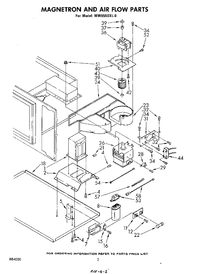 MAGNETRON AND AIR FLOW Diagram and Parts List for MW8550XL0  Whirlpool Microwave