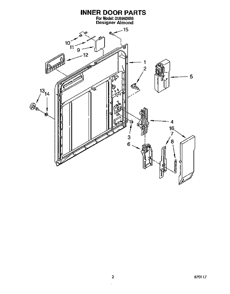 INNER DOOR Diagram and Parts List for DU8960XB0  Whirlpool Dishwasher