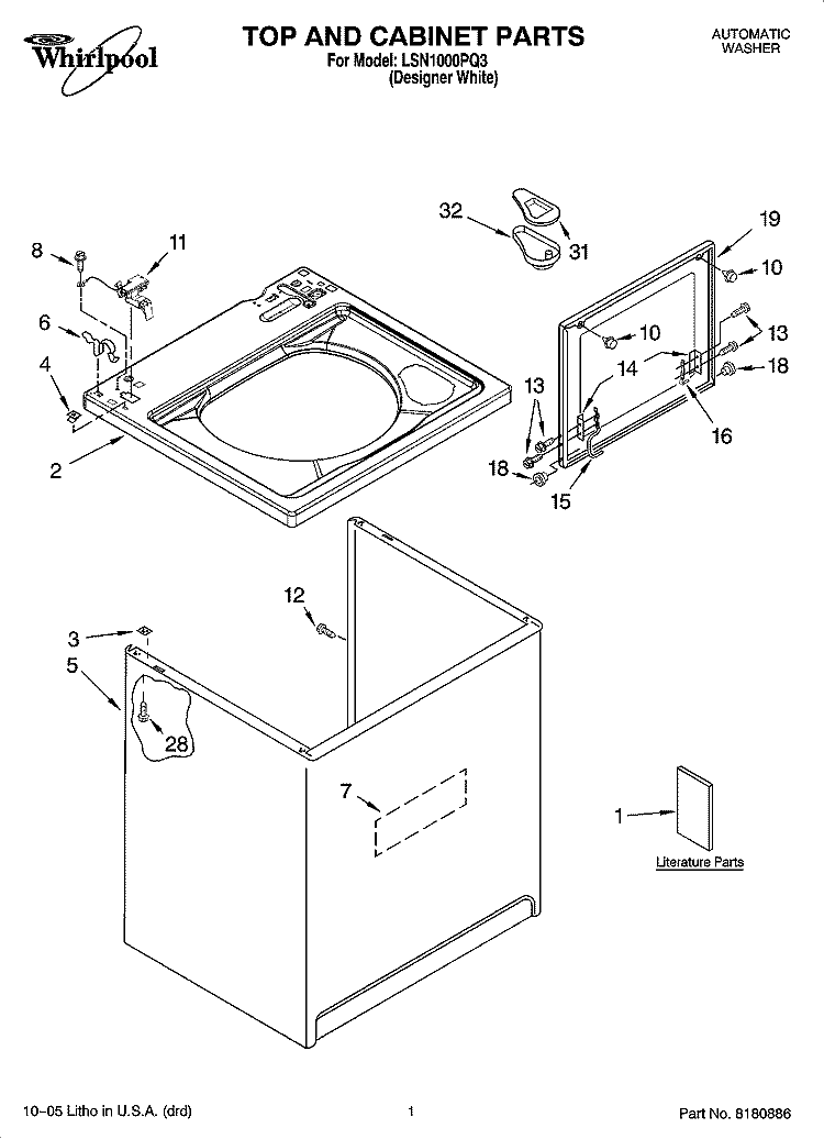 TOP AND CABINET PARTS Diagram and Parts List for LSN1000PQ3  Whirlpool Washer