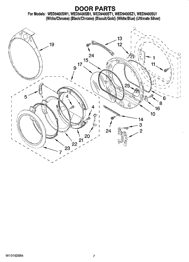 DOOR PARTS Diagram and Parts List for WED9400SW1  Whirlpool Dryer