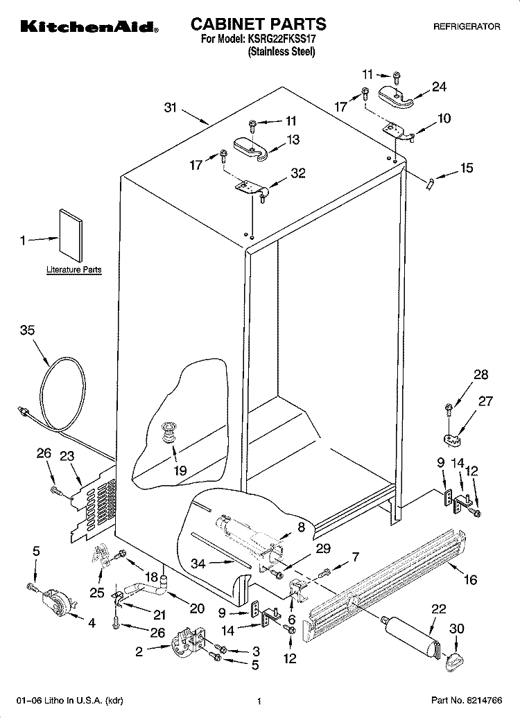 CABINET PARTS Diagram and Parts List for KSRG22FKSS17  KitchenAid Refrigerator