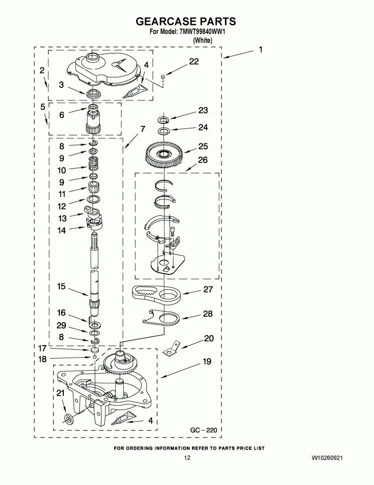 GEARCASE PARTS Diagram and Parts List for 7MWT99840WW1  Whirlpool Washer