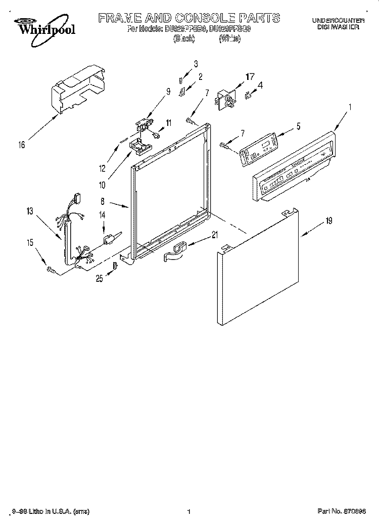 FRAME AND CONSOLE Diagram and Parts List for DU929PFGB0  Whirlpool Dishwasher