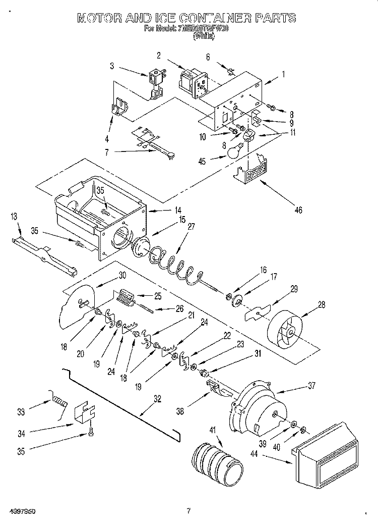 MOTOR AND ICE CONTAINER Diagram and Parts List for 7MED20TQFW00  Whirlpool Refrigerator