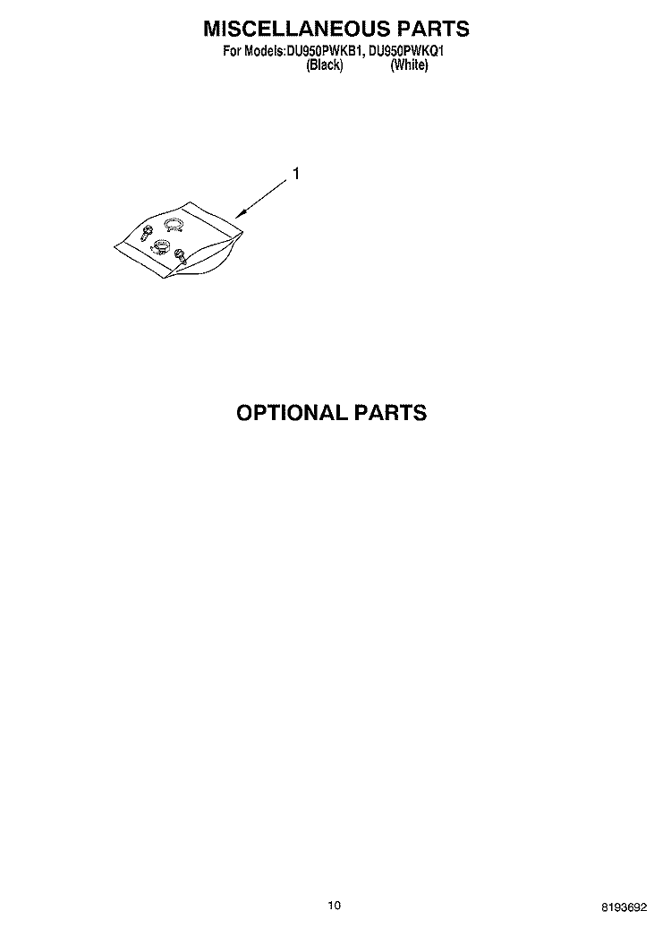 MISCELLANEOUS, OPTIONAL Diagram and Parts List for DU950PWKB1  Whirlpool Dishwasher