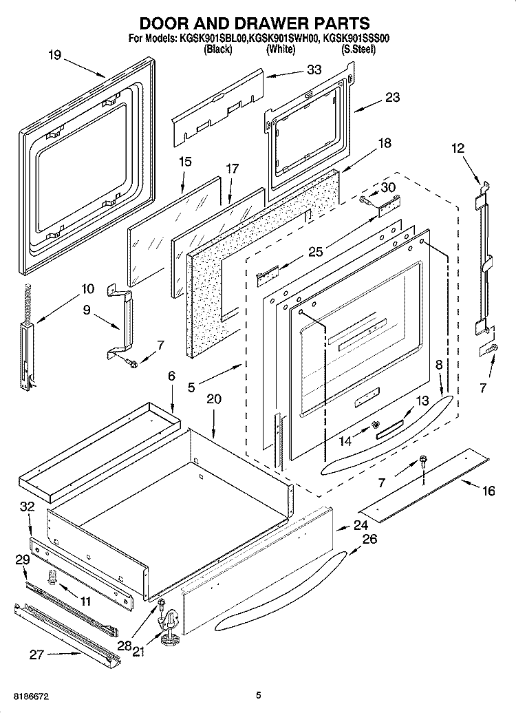 DOOR AND DRAWER PARTS Diagram and Parts List for KGSK901SBL00  KitchenAid Range