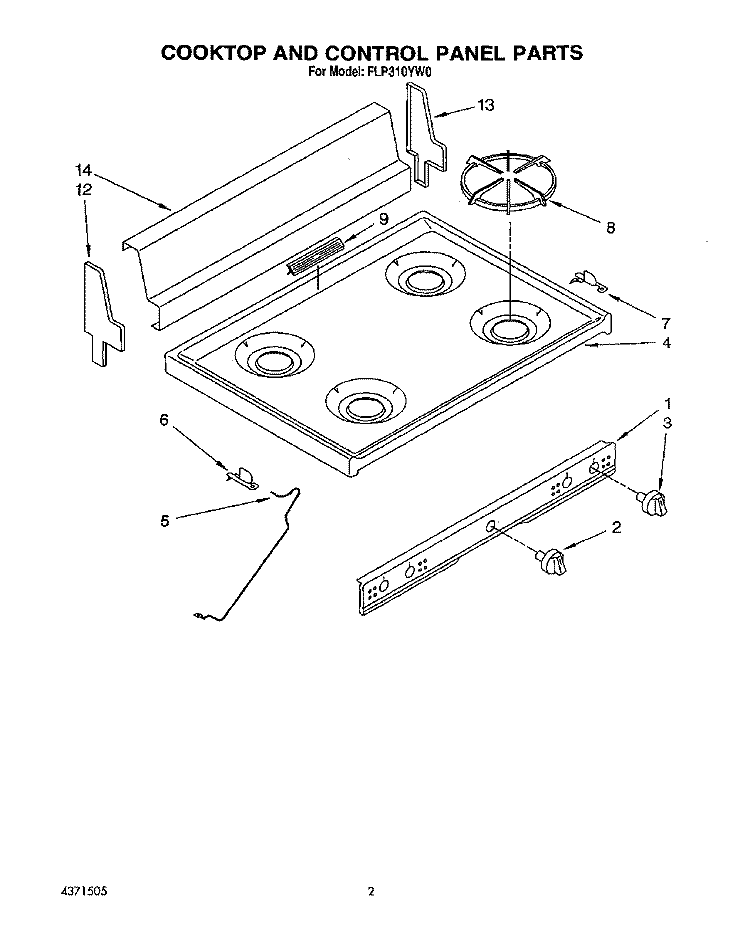COOKTOP AND CONTROL PANEL, LIT/OPTI Diagram and Parts List for FLP310YL0  Whirlpool Range