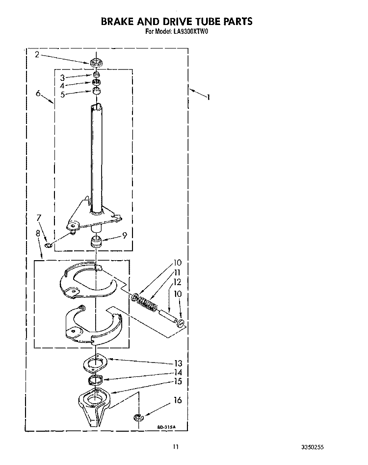 BRAKE AND DRIVE TUBE Diagram and Parts List for LA9300XTN0  Whirlpool Washer