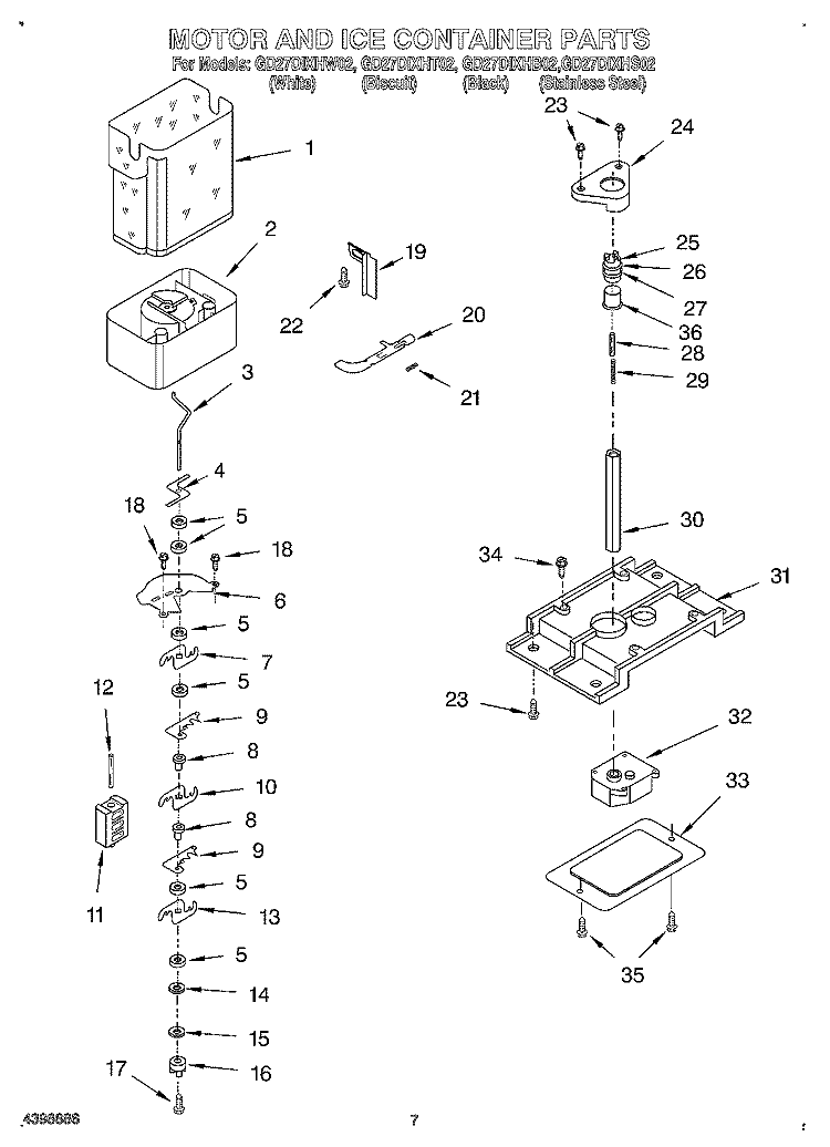 MOTOR AND ICE CONTAINER Diagram and Parts List for GD27DIXHB02  Whirlpool Refrigerator