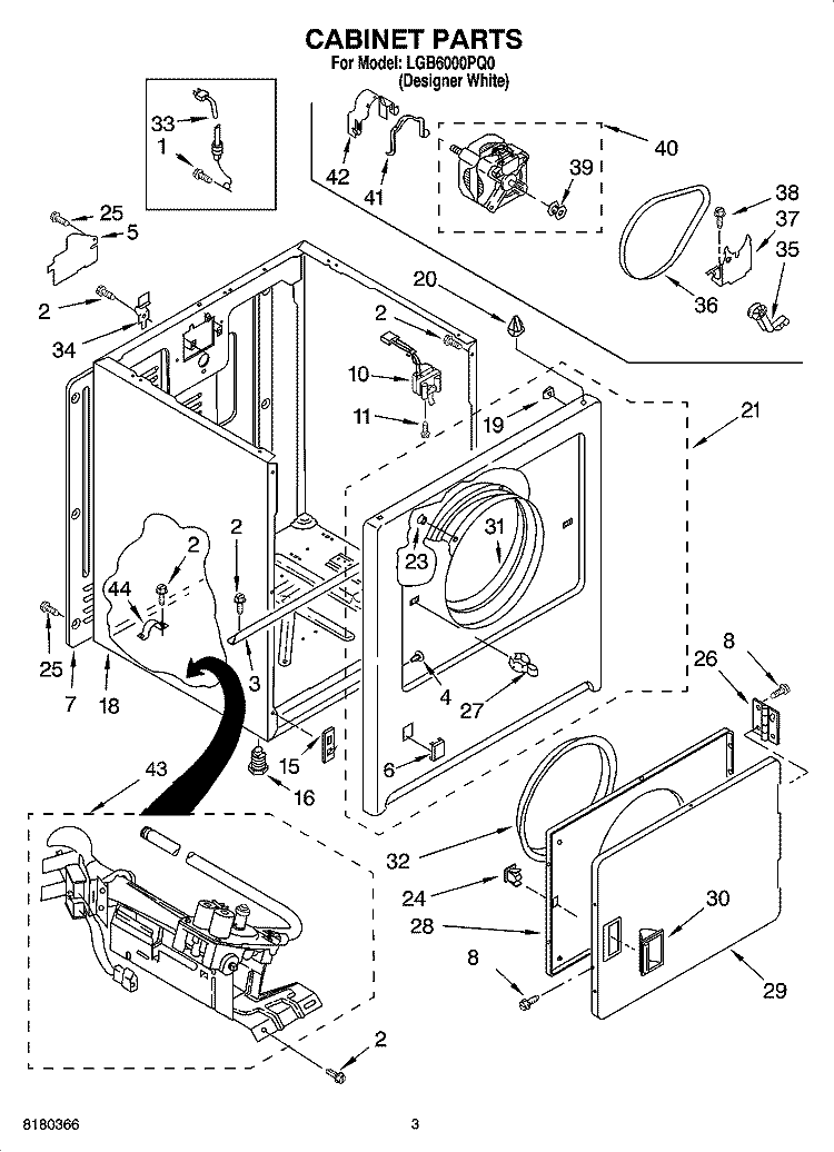 CABINET PARTS Diagram and Parts List for LGB6000PQ0  Whirlpool Dryer