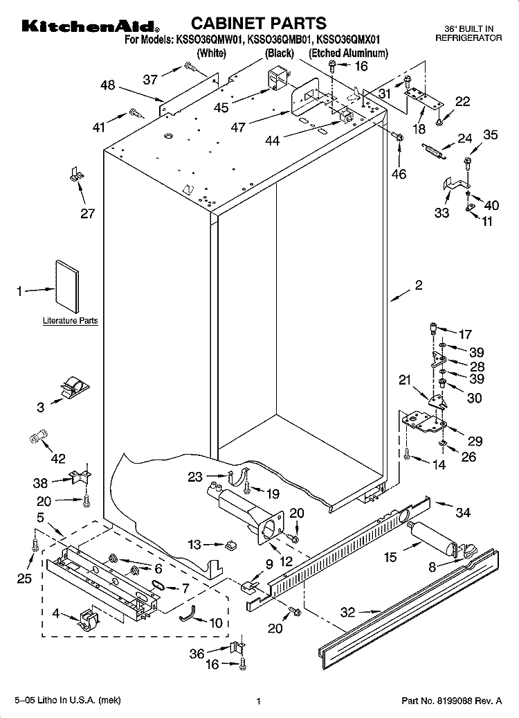 CABINET PARTS Diagram and Parts List for KSSO36QMB01  KitchenAid Refrigerator