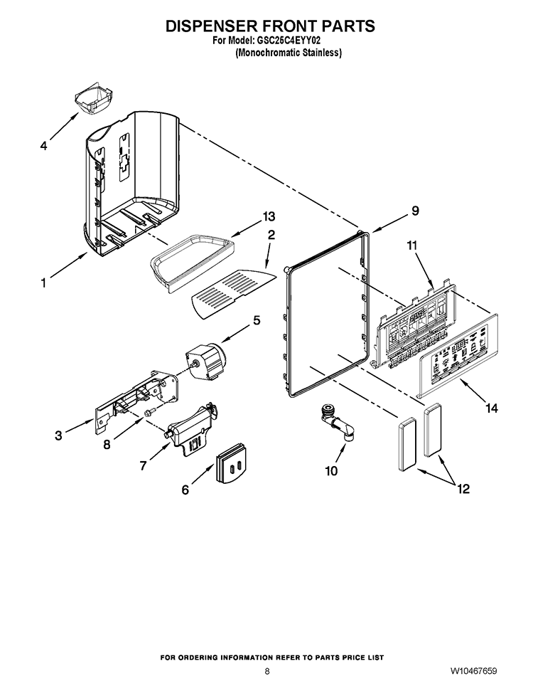 DISPENSER FRONT PARTS Diagram and Parts List for GSC25C4EYY02  Whirlpool Refrigerator