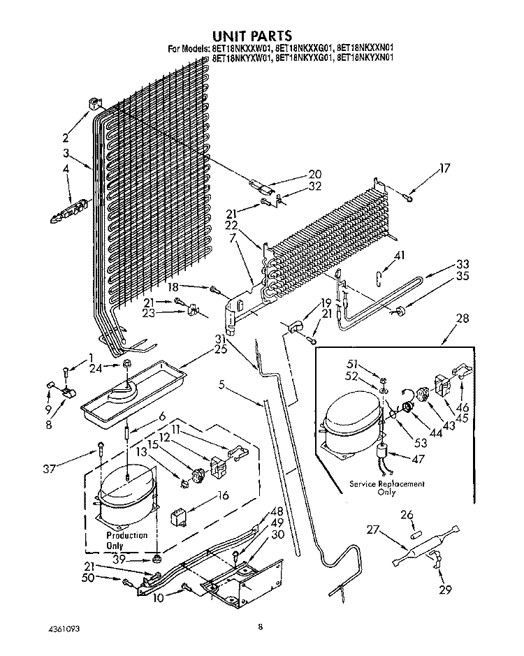 UNIT Diagram and Parts List for 8ET18NKYXW01  Whirlpool Refrigerator