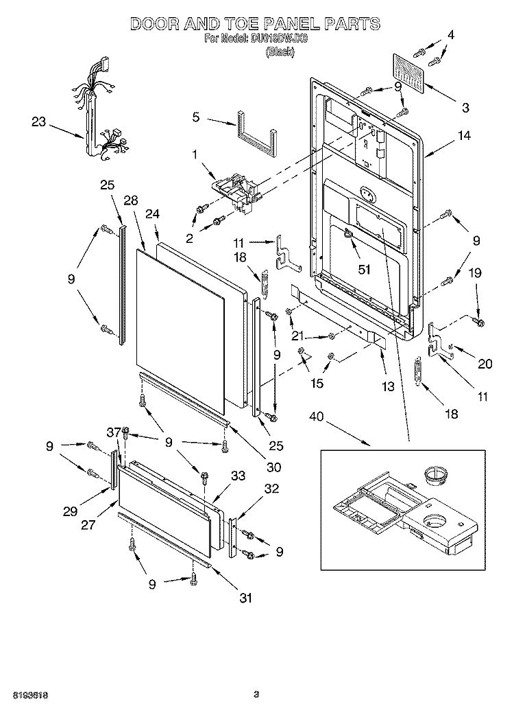 DOOR AND TOE PANEL Diagram and Parts List for DU018DWJX0  Whirlpool Dishwasher
