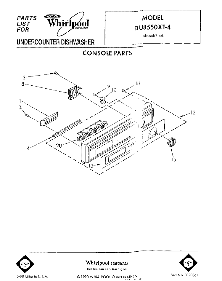 CONSOLE Diagram and Parts List for DU8550XT4  Whirlpool Dishwasher