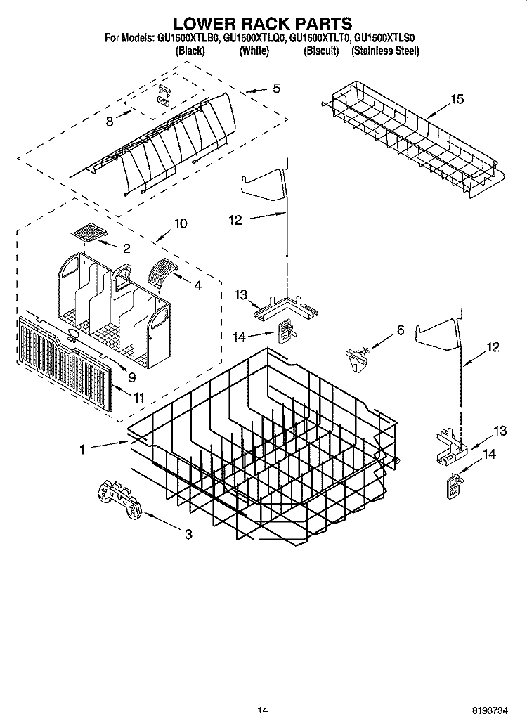 LOWER RACK PARTS Diagram and Parts List for GU1500XTLB0  Whirlpool Dishwasher
