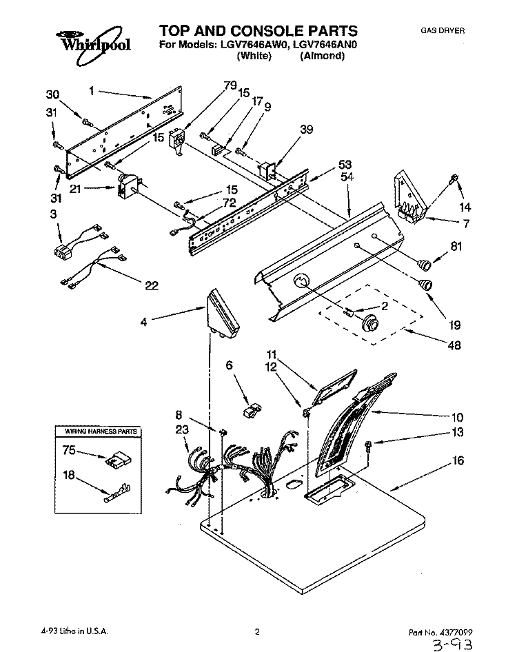 TOP AND CONSOLE, LIT/OPTIONAL Diagram and Parts List for LGV7646AN0  Whirlpool Dryer