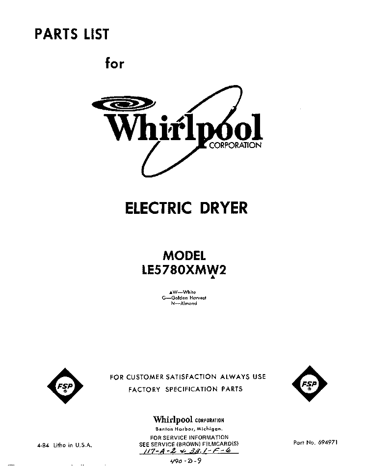SECTION Diagram and Parts List for LE5780XMW2  Whirlpool Dryer