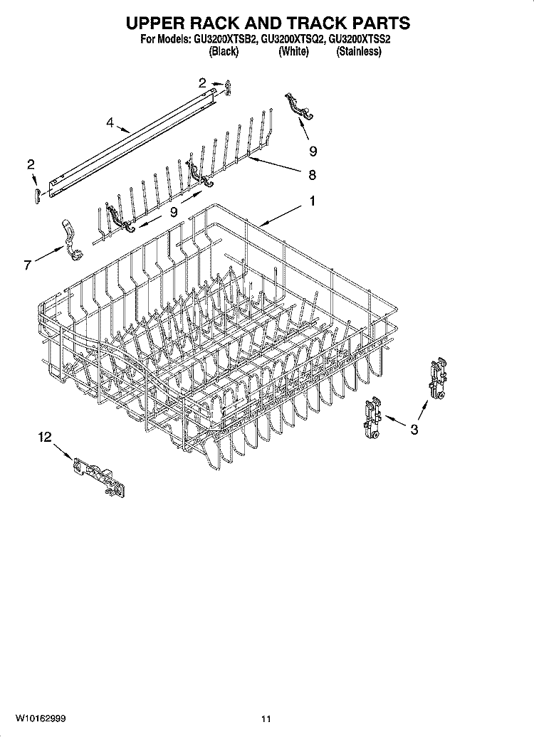 UPPER RACK AND TRACK PARTS Diagram and Parts List for GU3200XTSQ2  Whirlpool Dishwasher
