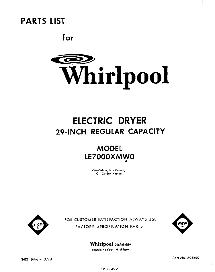 SECTION Diagram and Parts List for LE7000XMW0  Whirlpool Dryer