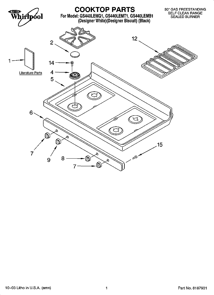 COOKTOP PARTS Diagram and Parts List for GS440LEMB1  Whirlpool Range