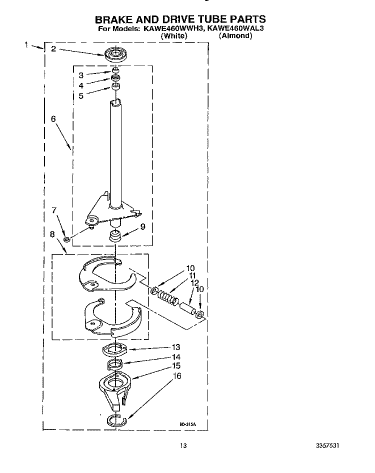 BRAKE AND DRIVE TUBE Diagram and Parts List for KAWE460WAL3  KitchenAid Washer