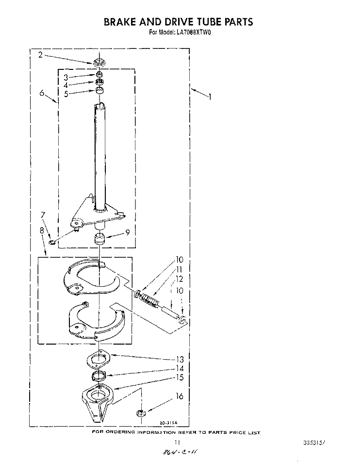 BRAKE AND DRIVE TUBE Diagram and Parts List for LA7088XTM0  Whirlpool Washer