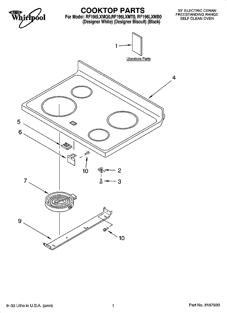 COOKTOP PARTS Diagram and Parts List for RF196LXMB0  Whirlpool Range