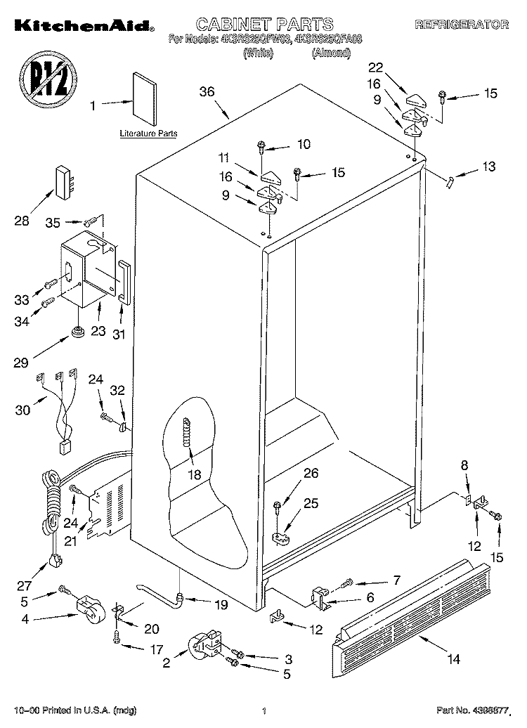 CABINET, LITERATURE Diagram and Parts List for 4KSRS25QFW03  KitchenAid Refrigerator