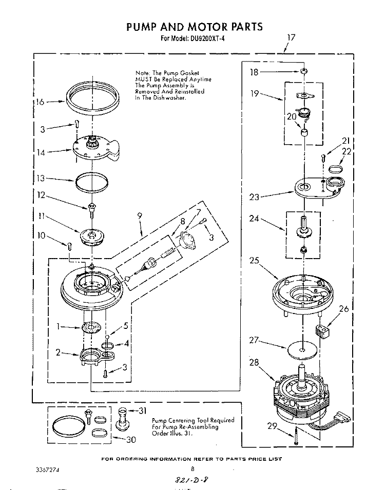 PUMP AND MOTOR, WIRING HARNESS Diagram and Parts List for DU9200XT4  Whirlpool Dishwasher