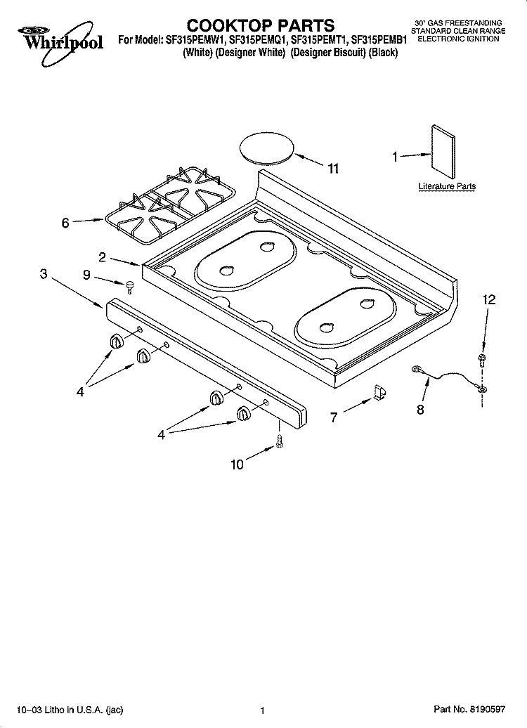 COOKTOP PARTS Diagram and Parts List for SF315PEMQ1  Whirlpool Range