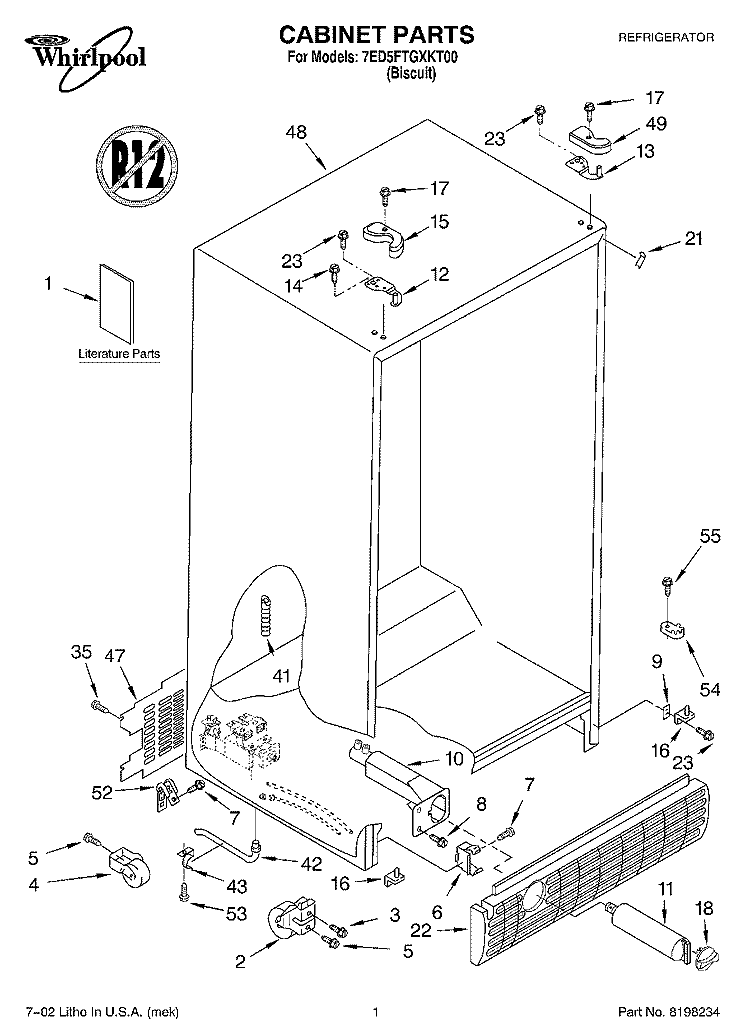 CABINET, LITERATURE Diagram and Parts List for 7ED5FTGXKT00  Whirlpool Refrigerator
