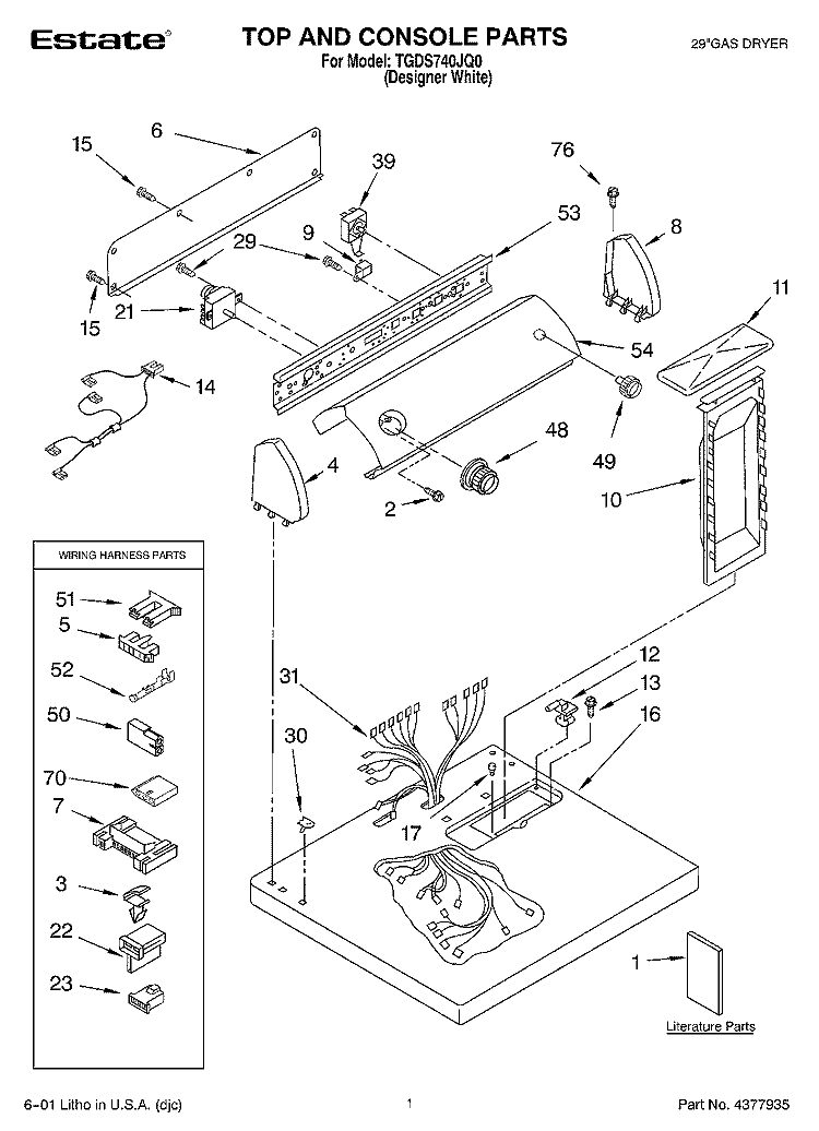 TOP & CONSOLE, LIT/OPTIONAL Diagram and Parts List for TGDS740JQ0  Estate Dryer