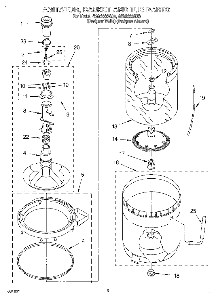 AGITATOR, BASKET, AND TUB Diagram and Parts List for GSN2000HZ0  Whirlpool Washer
