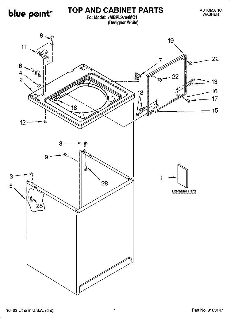 TOP AND CABINET PARTS Diagram and Parts List for 7MBPL9764MQ1  Whirlpool Washer