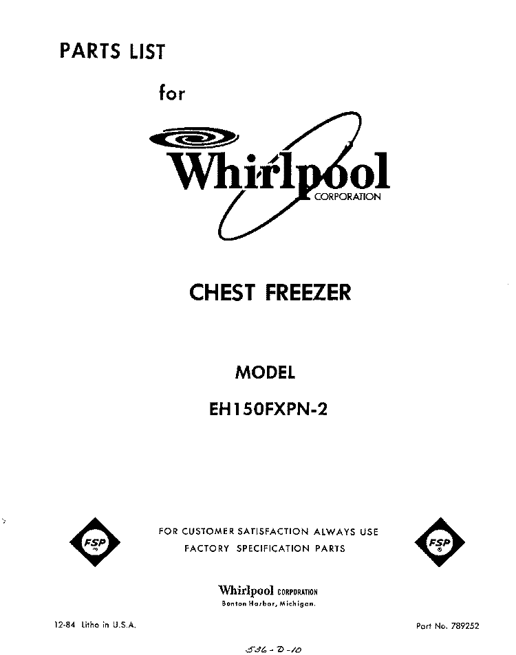 SECTION Diagram and Parts List for EH150FXPN2  Whirlpool Freezer
