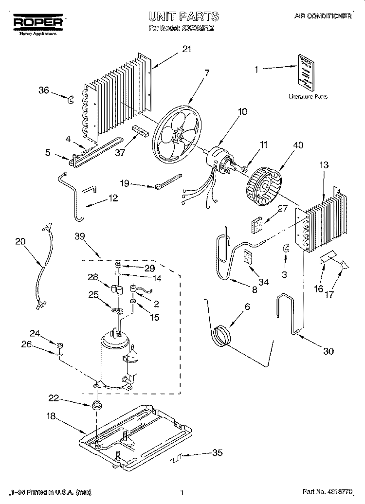 UNIT, LITERATURE Diagram and Parts List for X05002F02  Roper Air Conditioner