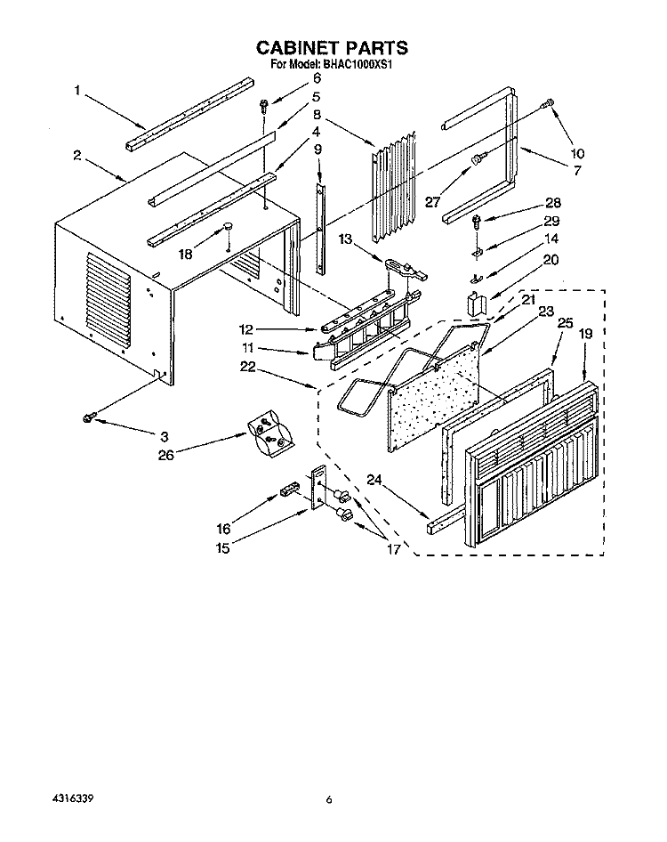 CABINET Diagram and Parts List for BHAC1000XS1  Whirlpool Air Conditioner