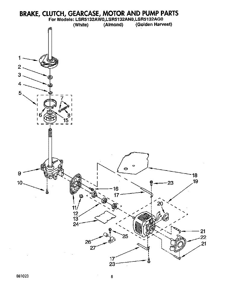 BRAKE, CLUTCH, GEARCASE, MOTOR AND PUMP Diagram and Parts List for LSR5132AW0  Whirlpool Washer