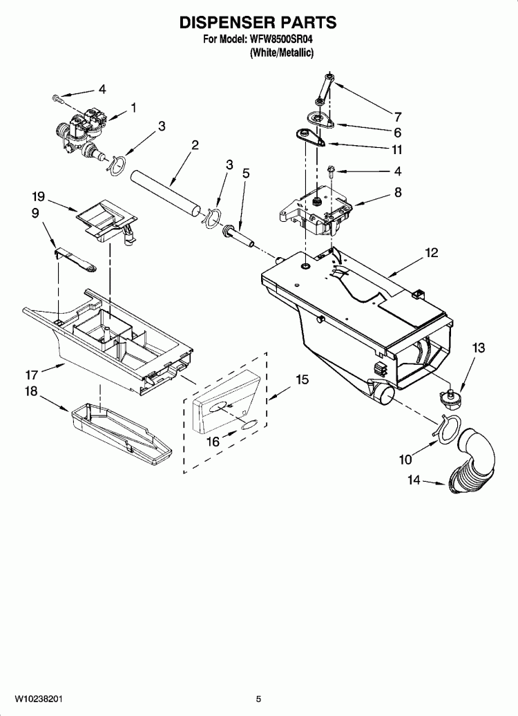 DISPENSER PARTS Diagram and Parts List for WFW8500SR04  Whirlpool Washer