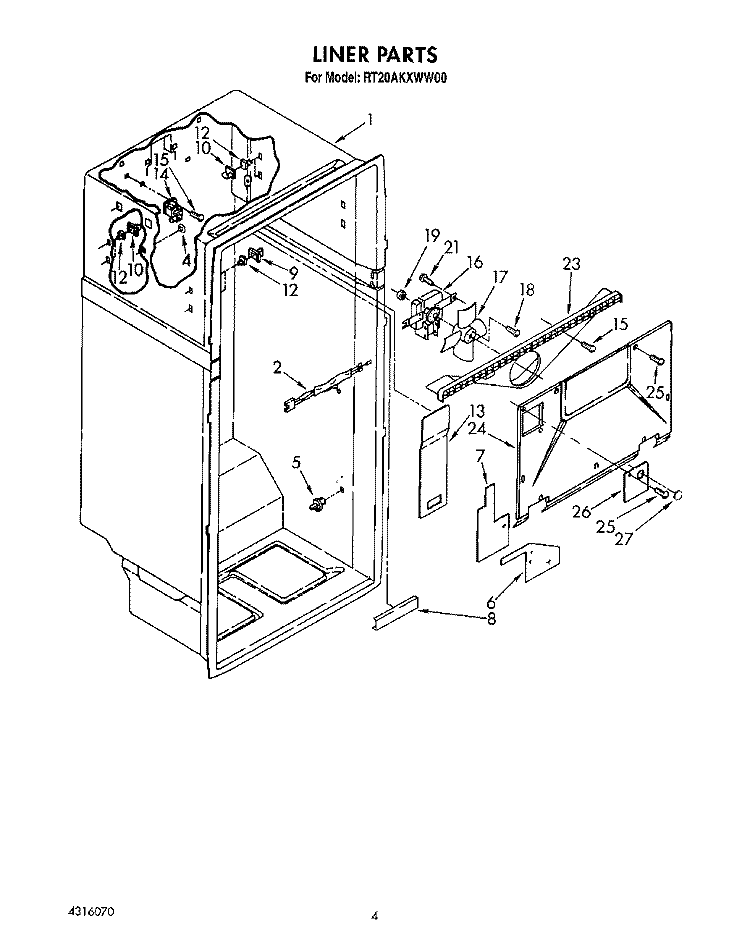 LINER Diagram and Parts List for RT20AKXWW00  Roper Refrigerator