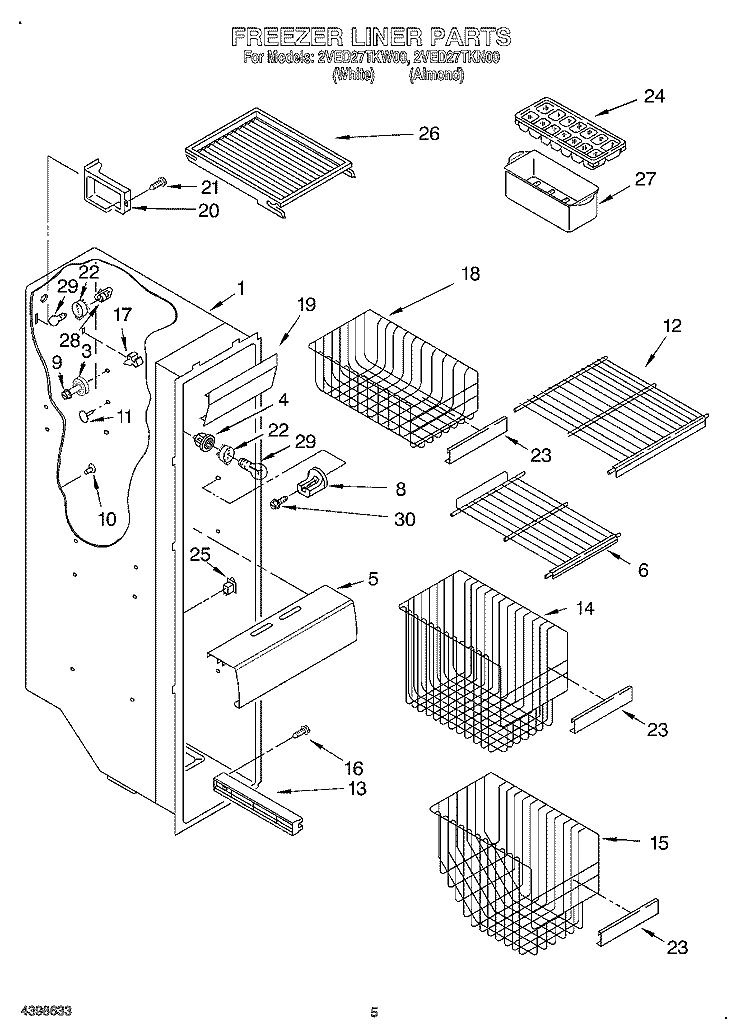 FREEZER LINER Diagram and Parts List for 2VED27TKW00  Whirlpool Refrigerator