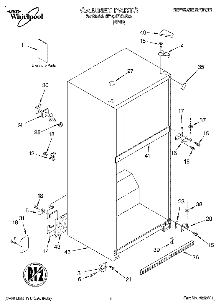 CABINET, LITERATURE Diagram and Parts List for ET18HPXHW00  Whirlpool Refrigerator