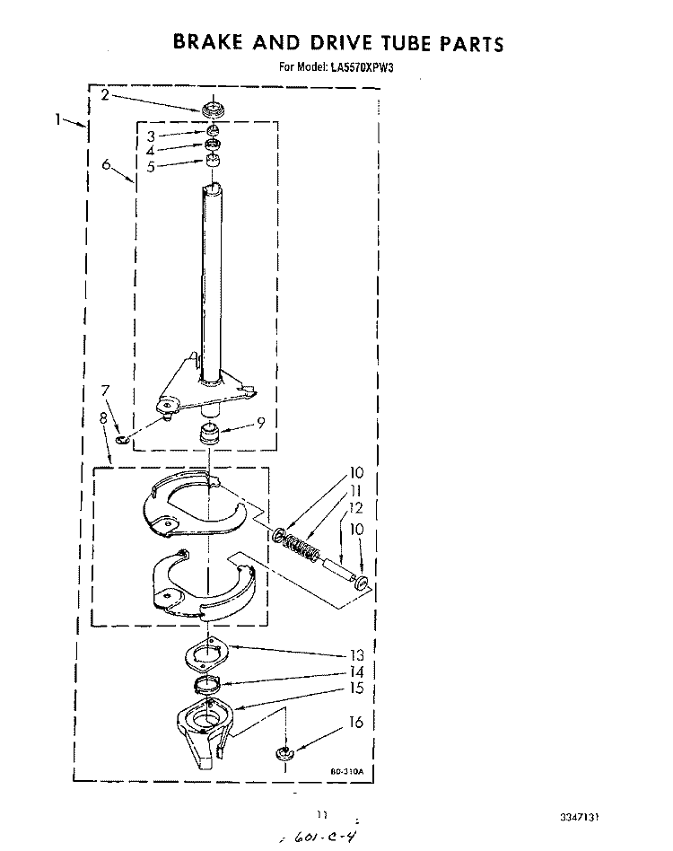 BRAKE AND DRIVE TUBE Diagram and Parts List for LA5570XPW3  Whirlpool Washer