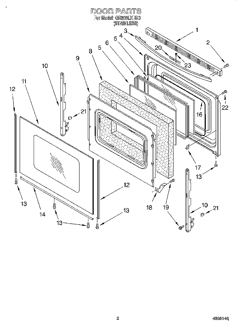 DOOR Diagram and Parts List for GR399LXHS0  Whirlpool Range