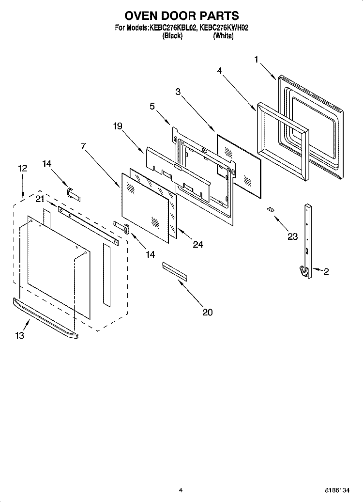 OVEN DOOR PARTS Diagram and Parts List for KEBC276KBL02  KitchenAid Wall Oven