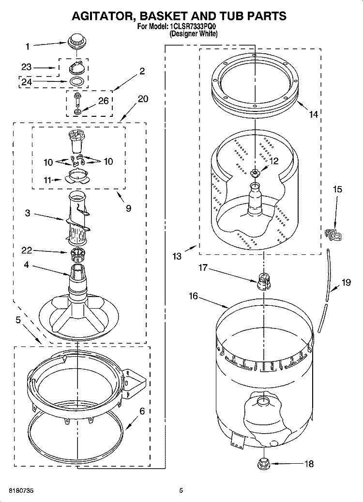 AGITATOR, BASKET AND TUB PARTS Diagram and Parts List for 1CLSR7333PQ0  Whirlpool Washer