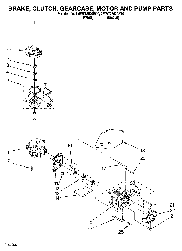 BRAKE, CLUTCH, GEARCASE, MOTOR AND PUMP PARTS Diagram and Parts List for 7MWT73520SQ0  Whirlpool Washer